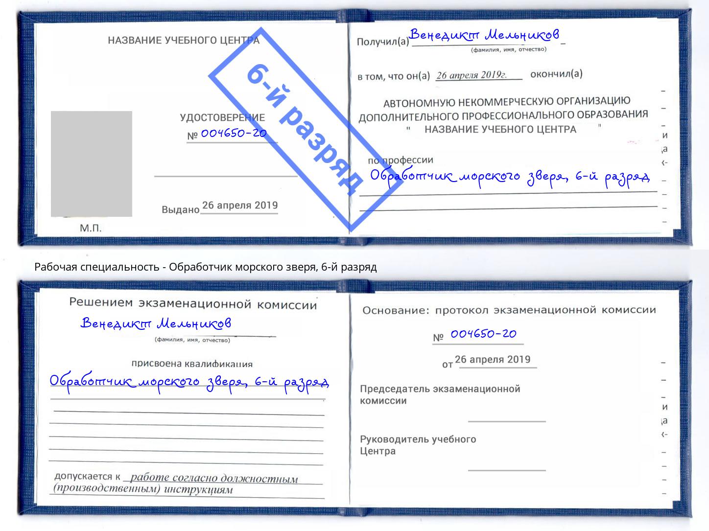 корочка 6-й разряд Обработчик морского зверя Нижний Новгород