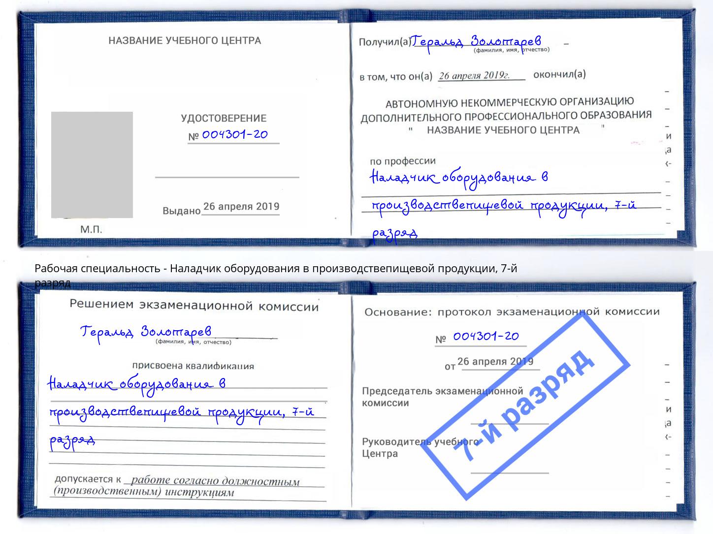корочка 7-й разряд Наладчик оборудования в производствепищевой продукции Нижний Новгород